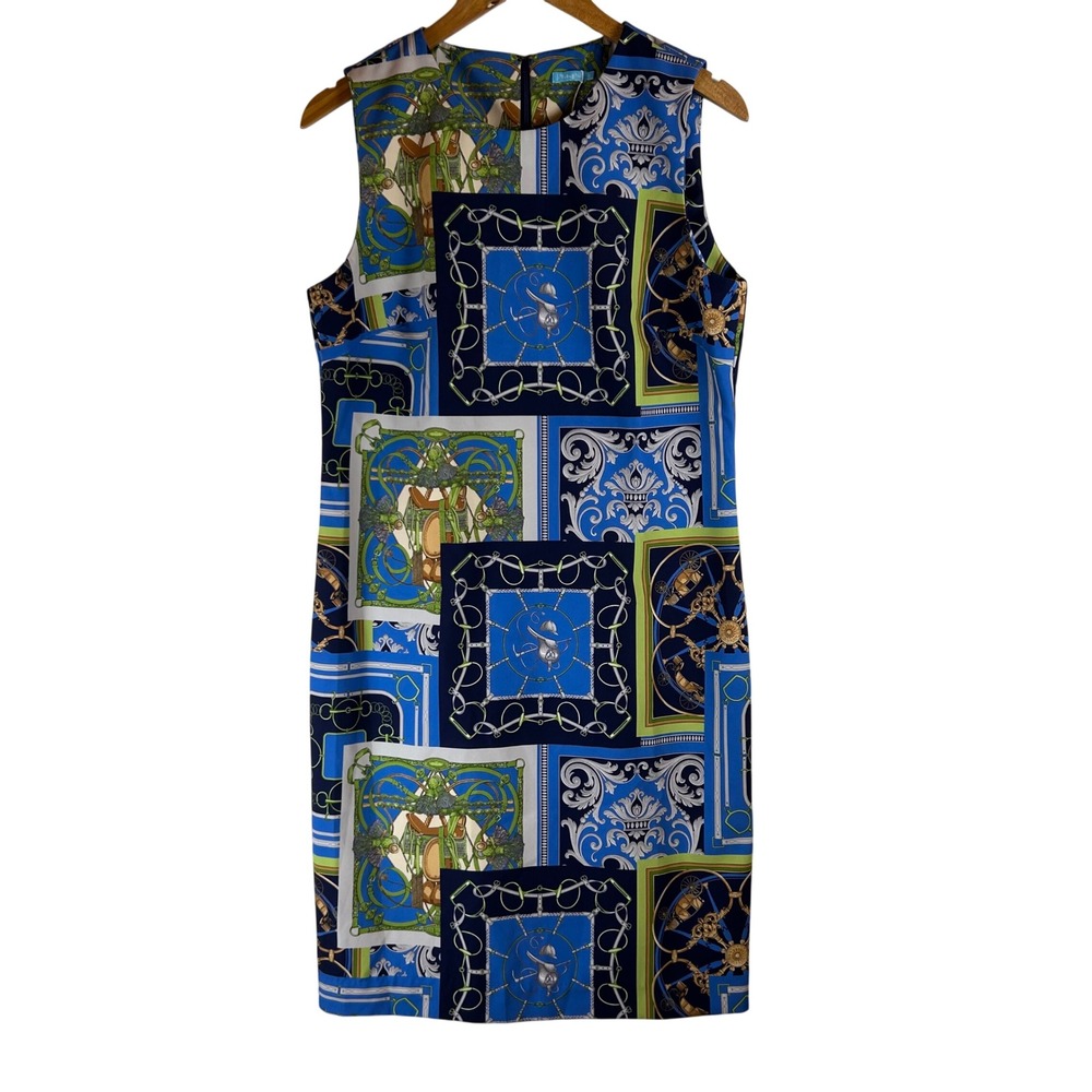 J.McLaughlin Womens‎ Blue Equestrian Scarf Print Sleeveless Shift Dress Size 12